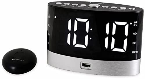 Soundmaster UR580SW UKW Radiowecker Hörgeschädigte Schwerhörigkeit Gehörlose Taubheit Tiefschläfer schnurloses Vibrationskissen Bettschüttler Batterie Backup Jumbo Display LED USB Ladebuchse