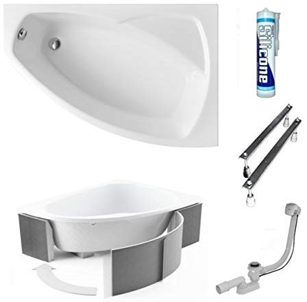 ECOLAM® Badewanne Eckbadewanne Acryl Frida Polimat weiß 140x90 cm RECHTS + Wannenträger Ablaufgarnitur Ab- und Überlauf Automatik Füße Silikon Komplett-Set