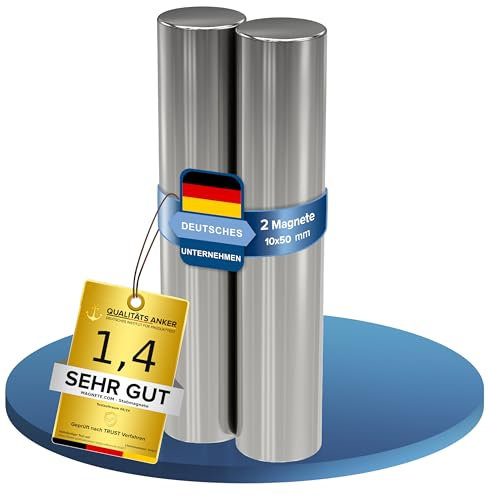 2X Neodym Power Magnet Silber - Stabmagnet extra stark lang - Durchmesser 10x50mm lang - Starke Magneten Supermagnet - Haftkraft ca. 4,5 kg - Magnete für Whiteboard, Pinnwand, Magnettafel, Werkstatt