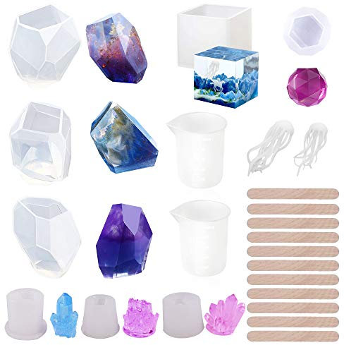 N|A Woohome Silicone Mold 22PCS DIY Casting Molds Tools Set Include Gem Stone, Crystal, Cube, Diamond, Mini Jellyfish Resin Mold and Silicone Measuring Cup for Resin Epoxy DIY Home Décor