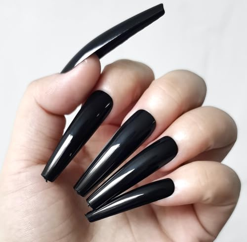 LuckForever 120pc Extra Long Coffin Press on Nails Black Fake Nails | XL Ballerina False Nails Full Cover Artificial Nail Decor 12 Sizes for Salon and Home