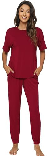 WiWi Pyjama-Set für Damen, Viskose aus Bambus, kurzärmelig, Loungewear, 2-teiliges Outfit, lange Hose, Jogginghose, Pyjama, S-XXL, Wein, M