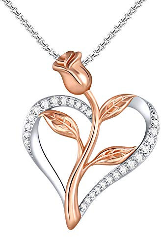 SNZM Cuore Rosa Collana per Donne Zircone Cubico Amore Collana, Ciondolo Rosa Fiore con Scatola di Gioielli Regali Compleanno per Mamma Moglie Regalo Festa Della Mamma