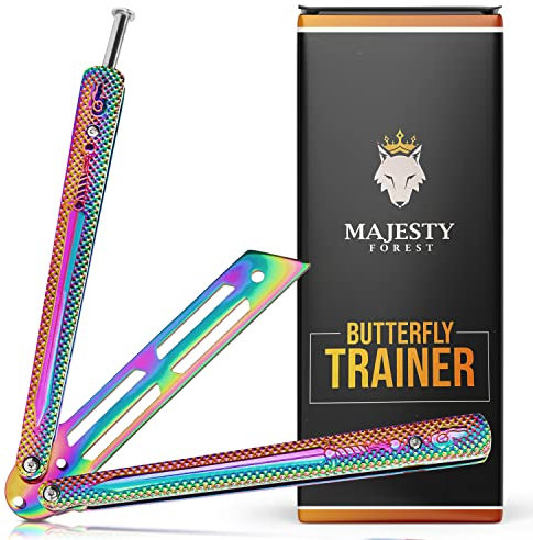 MAJESTY FOREST® Butterfly Trainer in Rainbow aus 420 Stahl mit E-Book zum Tricks Lernen - Legales Balisong Messer als Trainingsmesser
