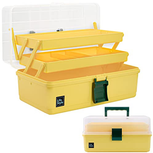 Creahaus 13inch 3 Layer Multipurpose Storage Box, Craft Storage Box with Compartments, Plastic Tool Box, Medicine storage box, Hair Accessories Organiser, Sewing Box with 2 Trays (Yellow)