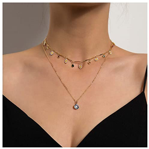 Inilbran Boho Geschichteten Kristall Halskette Gold Gänseblümchen Blume Anhänger Halskette Bunten Regenbogen Cz Baumeln Choker Halskette Blau Solitär Anhänger Halskette Kette Schmuck Für Frauen