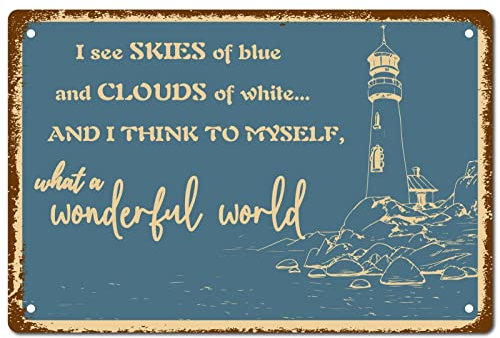 CREATCABIN Faro Playa Mundo Maravilloso Cartel de Chapa de Metal Color Azul Vintage Decoración de Pared Casa Placa Póster para el Hogar Granja Jardín Cocina Café Oficina Decoración 12 x 8 Pulgada