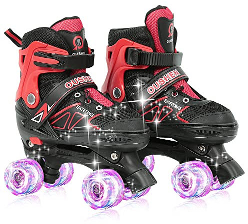 Rollschuhe mit leuchtenden Rädern, klassische Quad-Skates für Mädchen und Jungen, bequem und atmungsaktiv, Rollschuhe für Anfänger, Rot M (32 bis 37)