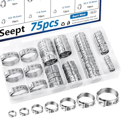 Seept 75Pcs 8 Sizes 304 Stainless Steel Single Ear Hose Clamps 6-23.5mm Crimp Hose Clamps Assortment Kit Perfect for Automotive/Home Appliance/Water Pipe and Fuel Line Stepless hose clamp