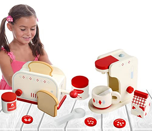 Coo11 Kids Wooden Kitchen Set - White, Includes Toaster, Mixer, Jam & Toast, Play Food Sets, Accessories for Children Age 3+