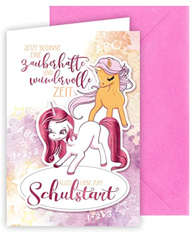 KE - Einschulungskarte mit exklusiver Folienprägung, B6 Format 17,0 x 11,5 cm, inklusive Umschlag, perfekt für den ersten Schultag, Motiv: Einhorn