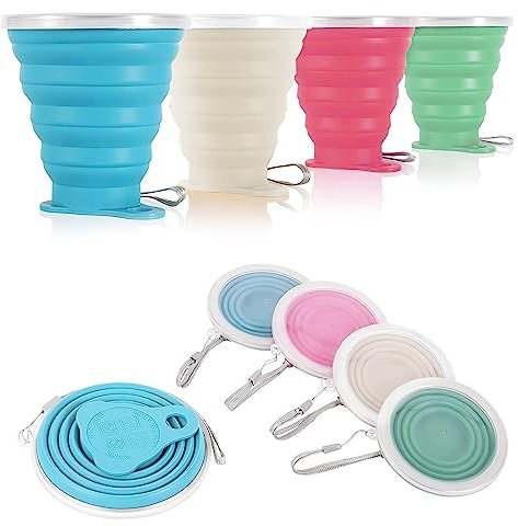 Vueinrg 4 Pcs Tasse de Voyage Pliable, Gobelet Pliable en Silicone, Réutilisable Tasse à Café 250ml Tasse Pliable avec Couvercle, Verre Pliable pour Le Camping Randonnée Pique-Nique