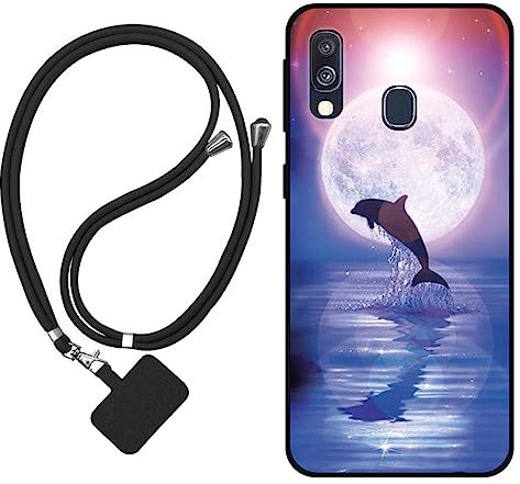 Sunrive Hülle Kompatibel mit Samsung Galaxy A40 Case,matt Handyhülle Schutzhülle Etui Karikatur Muster TPU Backcover (Mond,Delphine,Meer) +1x Universale Handykette