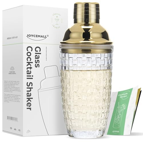 Glass Cocktail Shaker Kit, JOYCEMALL 13 Ounce Martini Mocktail Making Set with Leakproof Metallic Steel Lid & Strainer for Home Use & Bar Cart - Gold