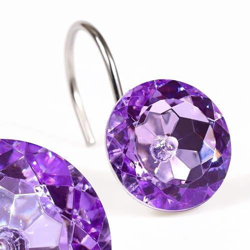 Purple Crystal Shower Curtain Hooks: Lavender Bling Glitter Sparkle Shiny Round Diamond Decorative Shower Curtain Hooks for Christmas & Holidays - Luxury Curtain Rings & Hangers - Set of 12