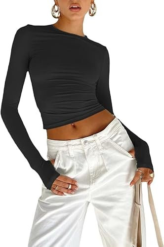 Women's Y2K Tops Crop Top Club Party Girls Streetwear Basic Long Sleeve Slim Fit Crop T Shirt Top (UK, Alpha, L,Regular, Regular, Black)