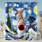 FABTOP Duschvorhang Lustig 180x180 cm, Coole Katze Reitet Hai Duschvorhänge 3D Hai Fisch Bad Vorhang, Meeresmotiv Haifischwal Shower Curtains Wasserdicht (1,180 x 180 cm)