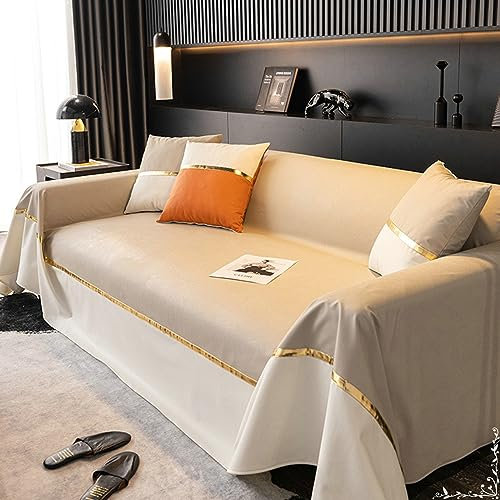 KnSam Home Couchbezug, Zweifarbig Nähen Ecksofa Bezug Hussen, rutschfeste Sesselbezug Stoff Möbelschutz-Sofabezüge (180x380CM, Beige)