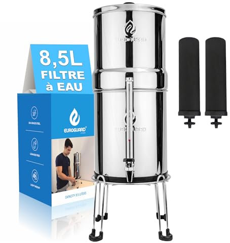 EuroGuard® Premium - Filtre à Eau par Gravité 8,5 Litres en Acier Inoxydable 304, avec Support et Robinet Transparent, Argent Brillant