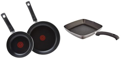 Tefal Taste Twin Pack, Aluminium Frying Pans, Pan Set, Pans 20 cm and 28 cm Diameter, Non-Stick, Black, Pack of 2, B189S244 & Judge Everyday JDAY040 Non-Stick Griddle Pan, 24cm with Stay Cool Handle
