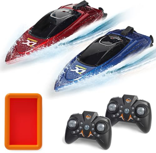 OBEST 2Pcs Mini Bateau Télécommandé, Bateaux de Course RC avec Piscine Gonflable, 2.4GHz Racing Bateau Haute Vitesse Elec Boat Rapide Aquatique en Eté, Jouets de Piscine pour Garçons et Filles Adultes