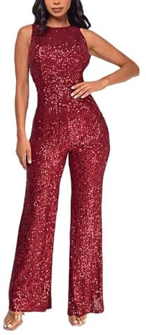 KBOPLEMQ Latzhosen für Damen Pailletten Jumpsuit Festlich Jumpsuit Ärmellose Rundhals Einfarbig Pailletten Mode Breites Bein Frauen Overall mit Gürtel Sommer Party Playsuit Lang Romper