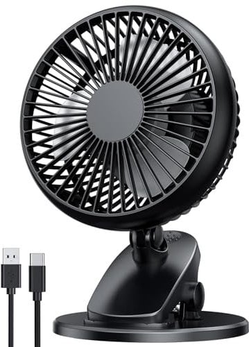FCOOL Clip Fan, 5000mAh Rechargeable Portable Desk Fan, USB C 4 Speeds 360° Horizontal & 90° Vertical Rotation Quiet Clip on Fan USB Fan Personal Fan for Baby Stroller Home Office Travel Camping