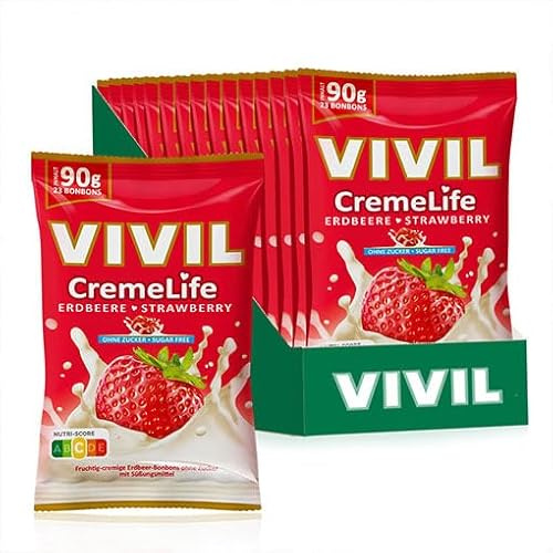 VIVIL Creme Life Erdbeere, zuckerfreie Sahnebonbons, 15 x 90 g, glutenfrei | Cremiger Genuss mit echter Schlagsahne, Familienpackung für Zuhause und Büro