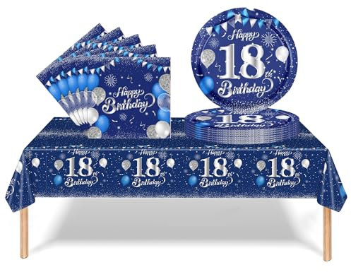 37Pcs 18th Birthday Tableware Set Navy Blue,18th Birthday Decorations with Party Paper Plates and Napkins,Plastic Table Cloth for Her His Girl Boy Happybirthday Table Decoration Dinnerware Supplies