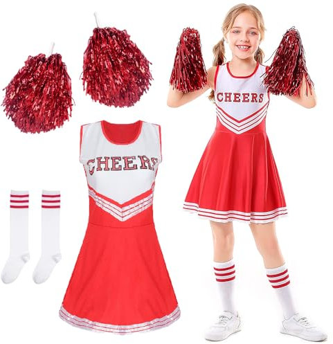 DTXYBC Cheerleader Costume Bambina, Costume da Cheerleader per Ragazze, Vestito Cheerleader Bambina, Bambini Cheerleading Outfit con Pompon e Calzini, Carnevale o Evento Sportivo Fancy Dress Up (130)