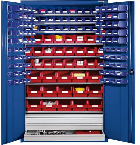 eurokraft pro | Großraumschrank aus Stahlblech | Mit 9 Fachböden, 152 Sichtlagerkästen und 3 Schubladen, Korpus- und Türfarbe Enzianblau