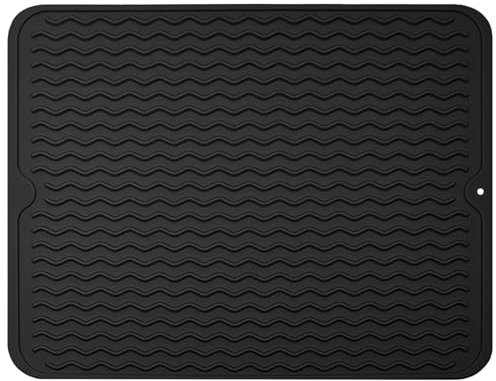 OSDUE Alfombrilla Escurreplatos de Silicona,50 x 40cm Alfombrilla Escurreplatos Plegable,Estera Para Lavar Platos Enrollable Antideslizante Resistencia a Altas Temperatura para Cafetera,Negro