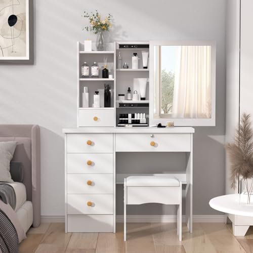 Worparsen Dressing Table, Vanity Desk with Sliding Mirror, Bedroom Dressing Table, Makeup Desk with 6 Drawers, Open Shelves, Hidden Storage Space (White)