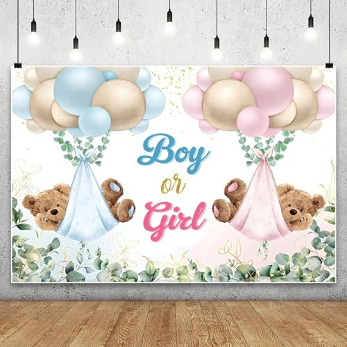 Gender Reveal Hintergrund Überraschung Banner Rosa und Blau Überraschung Banner mit Ballon Bär Babyparty Fotografie Hintergrund 150×100cm (E)