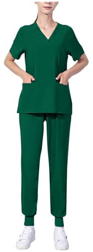 Pflegebekleidung Damen Einfarbig Arbeitskleidung Atmungsaktiv Pflege Set Stretch Kasack Schlupfhemd Schlupfhose Berufsbekleidung Lässig V-Ausschnitt T-Shirts + Hosen Krankenhauskleidung Outfit