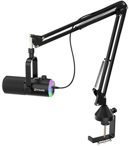 FDUCE Kit de micrófono para juegos USB/XLR, micrófono dinámico de PC para transmisión de podcasting, kit de micrófono RGB para computadora con soporte de brazo de brazo, botón de silencio y conector