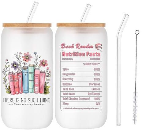 Joalpysm Book Lover Gifts, 16oz Glass Tumbler with Straw and Lid, Coffee Cup for Readers Librarians Clubs Bookworms, Reading Accessories for Birthday Graduation(There is No Such Thing)
