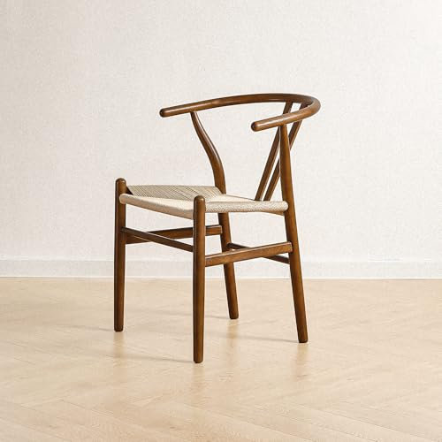 LIMHOME | FSC® Esszimmerstuhl Wishbone Stuhl aus Massivem Holz und Papierschnur | Keine Montage erforderlich|Natur/Schwarz/Beige (Walnuss)
