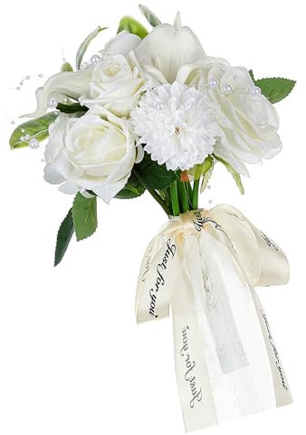 QUEENYARD Seidiger Stoff, Brautstrauß, weiße Seidenrosen und Calla-Lilien, Blumenstrauß zum Verschenken und Dekorieren
