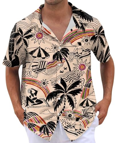 Generisch Herren Hawaii-Hemd Kurzarm – Bügelfreies Strandhemd mit Buntem Palmen-Print für Urlaub und Sommer