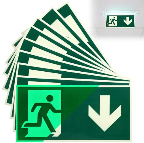 GBKDQQ Pannello di Uscita di Emergenza Autoadesivo Luminescente 10 Pezzi: 10 Cartelli di Sicurezza in Fosforescenza Verde-Gialla, per Interni e Esterni (30x15cm)