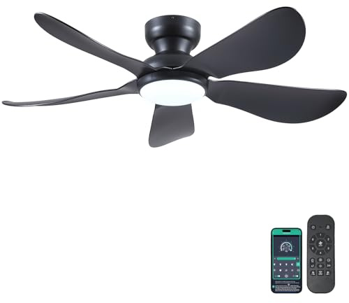Kviflon 46 Inch Modern Ceiling Fans with Lights, Flush Mount Ceiling Fan with Light and Remote/APP Control, 5 Reversible 6 Speeds Curved Blades, 3 CCT Dimmable Lights for Bedroom, Black