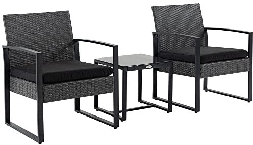 Outsunny Conjunto de Jardín Exterior de 3 Piezas Juego de 2 Sillas y Mesa de Ratán con Cojines Acolchados y Encimera de Vidrio para Balcón Terraza Gris y Negro