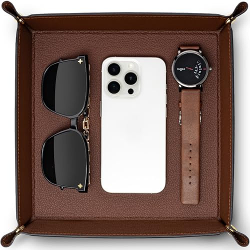 VLANDO Valet Tray Organizer, Foldable PU Leather Catchall Tray, Brown | Large 8.5 Inch Nightstand Dresser Desk and Entryway Organizer for Keys, Wallet, Watch, Phone, Coins and Jewelry
