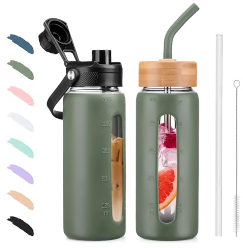 BLUEGO 600ml Glaswasserflasche mit Strohhalm und 2 Deckeln Kaffeetasse aus Glas mit Zeitmarkierung und Silikonschutz Glasbecher für Getränke Soda Cola BPA-frei, Oliver