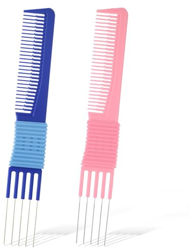ZEYIYER 2PCS Teasing Comb with Metal Prong, Lift Teasing Hair Combs with Pick, Backcombing Hair Combs for Women Men Hairs Styling (Blue, Pink)