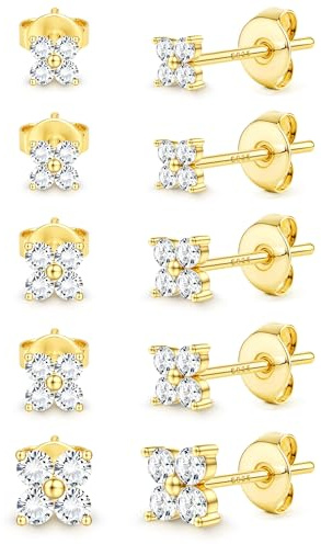 5 Paar Ohrringe Hypoallergene Ohrstecker Ohrstifte aus 925er Silber Damen | Kleine Goldfarben Ohrstecker Zirconia Kugel Herz Blumen Kunstperle Ohrringe Ohrstifte aus 925er Silber Schmuck Geschenke