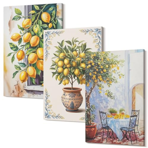 Wallfluent Wandkunst Leinwandbild Set 60x40 cm Polycanvas Wanddeko 3-teiliges Set - Dekoration Schlafzimmer Wohnzimmer - Zitronenbäume und Obst in sonniger Umgebung