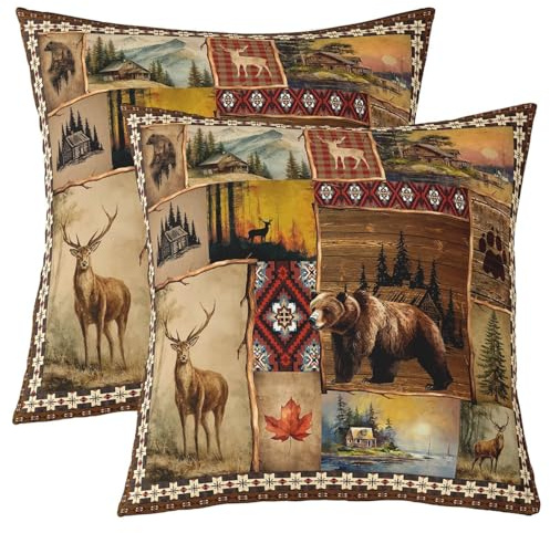 Homewish Jagd und Fischen Kissenhülle 40x40 Braun Tribal Buffalo Plaid für Jungen Erwachsene Männer 2Er Set Kissenbezug Rustik Bär Hirsch Elk Elch Kissenbezüge Landhaus Patchwork Sofa Dekokissenbezüge