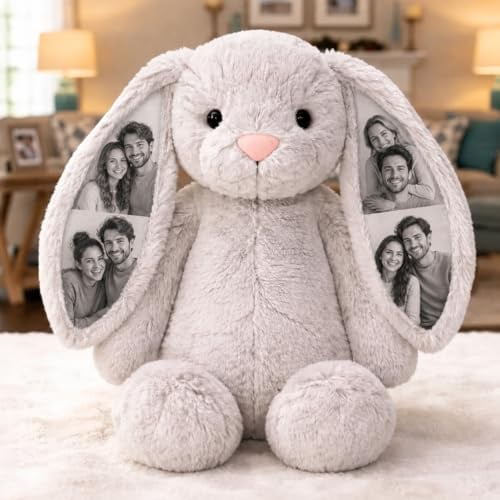 Personalisierte Kuscheltier Hase mit 4 Fotos, Stoffhase mit Bildern im Ohr | Weicher Plüschhase Kuscheltier mit Foto Bedruckt, Personalisierte Geschenke für Paare Freundin Freunde Familie, 26cm/40cm